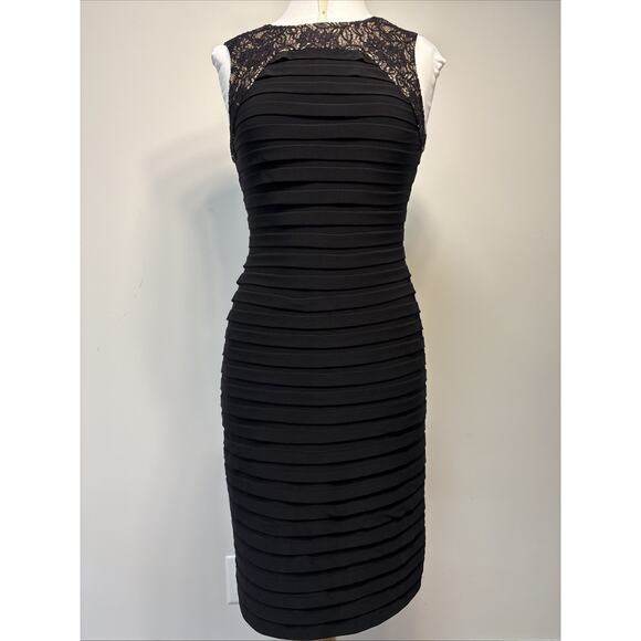 Adrienne Papell Lace Illusion Tiered Pleat Black Sheath Dress 6 - Picture 1 of 14